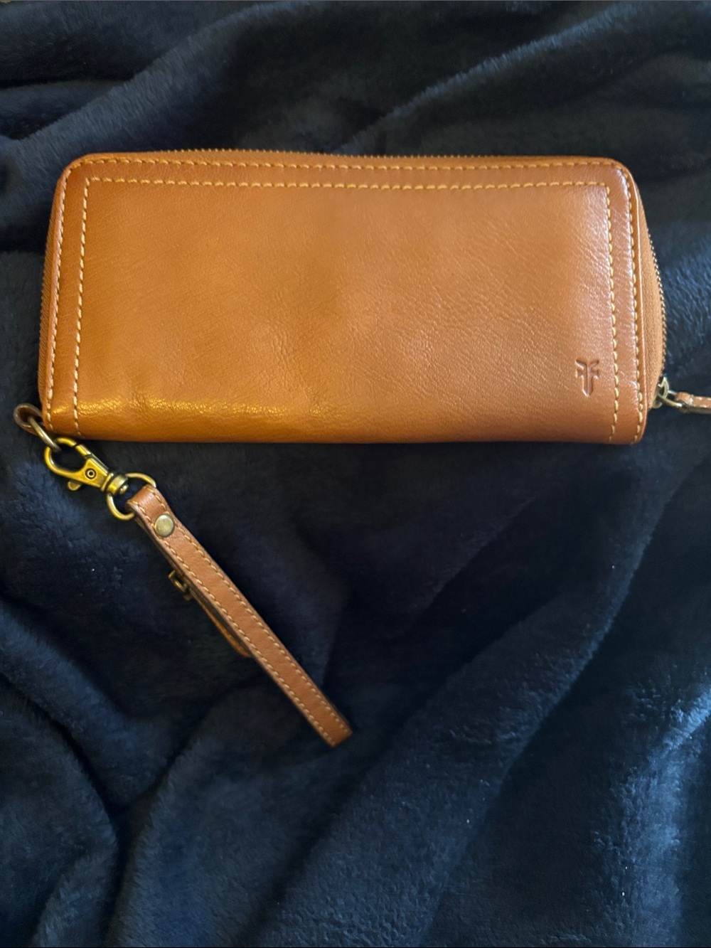 Frye Cognac Leather Zip-Around Wristlet Wallet